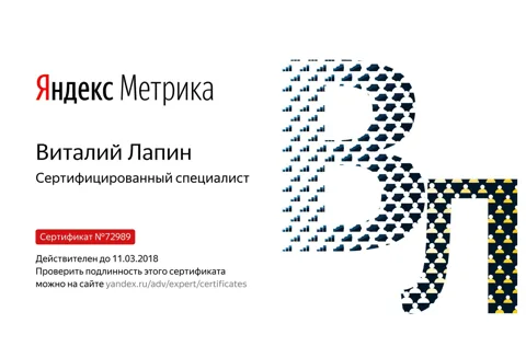 Сертификат Яндекс.Метрика, действителен до 11.03.2018